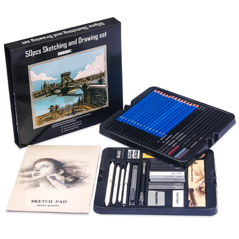 Sketching Charcoal Set - 50 pièces ensemble de crayons à